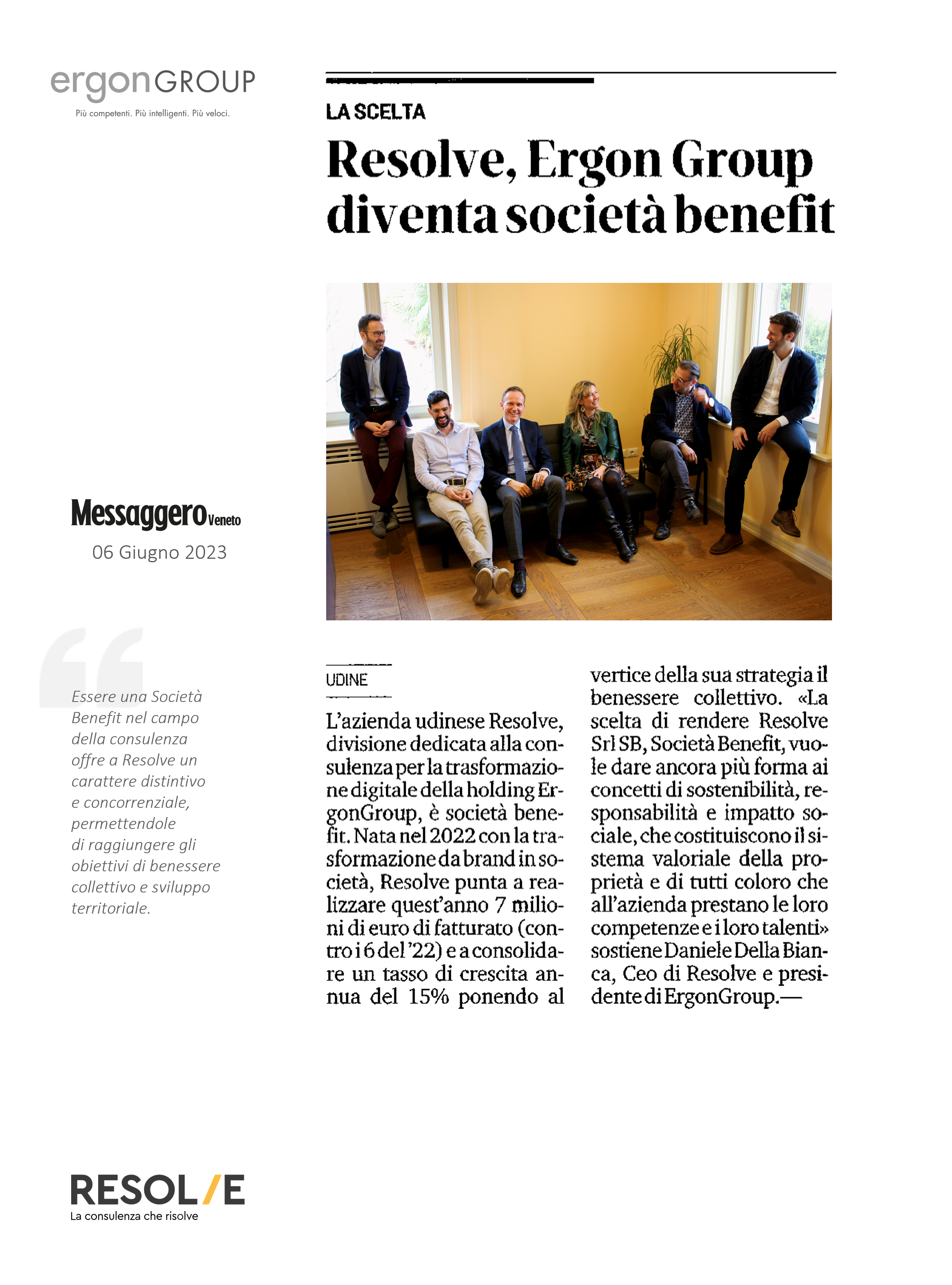 Resolve, divisione consulenza di ErgonGroup diventa Società Benefit